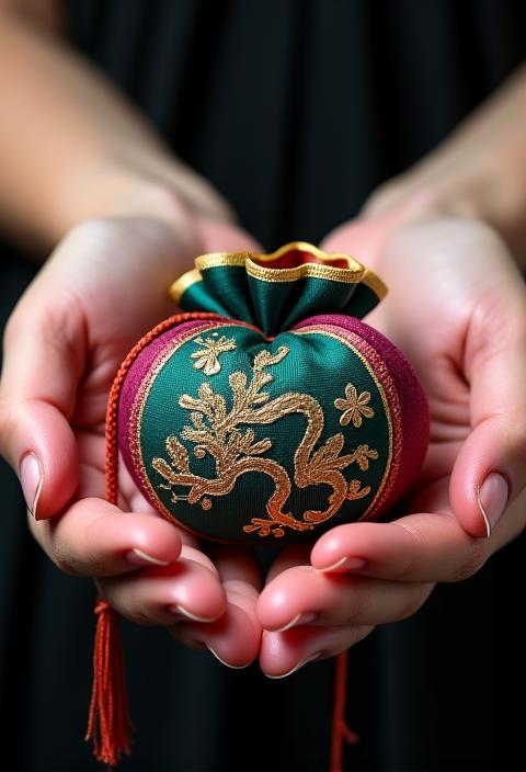 전통 문양 자수로 장식된 작은 주머니 (복주머니).