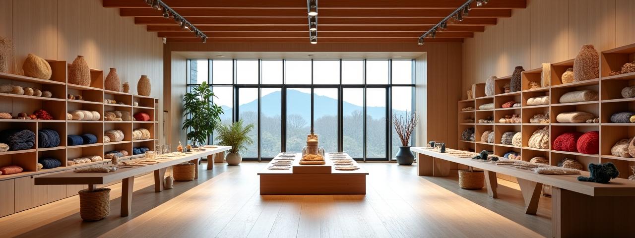 편안하고 햇살이 비치는 반도 공예 스튜디오 내부 전경. 수작업 직물과 실이 진열되어 있습니다.