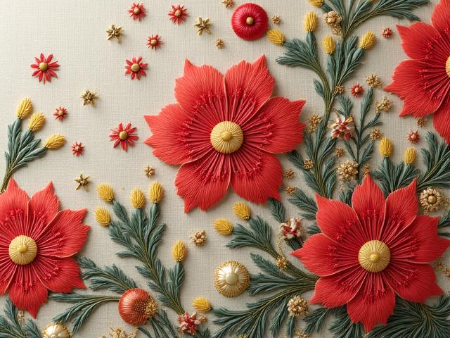 섬세하고 복잡한 꽃무늬 자수 클로즈업. 비단 위에 놓여진 아름다운 실들.