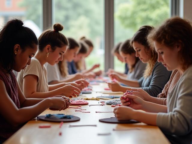 테이블에 모여 앉아 프로젝트에 집중하는 참가자들의 모습.